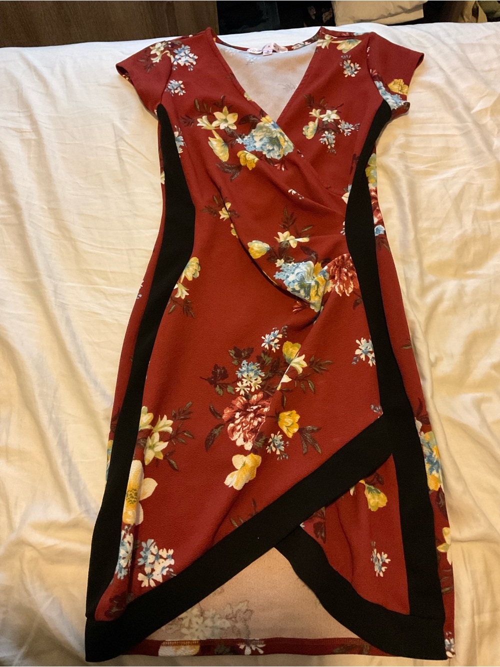 Crave Fame Burgundy Floral Faux-Wrap Midi Dress with Black Panels